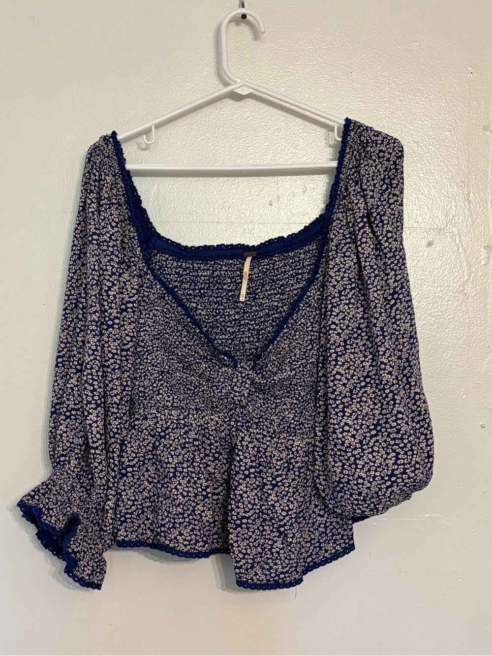 Free People Navy Floral Smocked Peasant Blouse